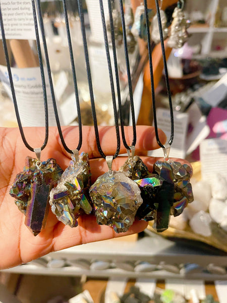 Rare Rainbow Amethyst Aura Quartz Cluster Necklace