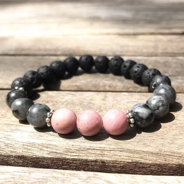 Rare Larvikite, Rhodonite & Lava Stone Bracelet