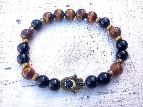 Rare Tiger Eye, Lava Stone & Black Onyx Hamsa Hand Bracelet