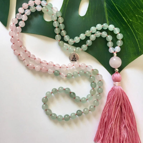 Rose Quartz & Green Aventurine Buddha 108 Meditation Mala Beaded Necklace